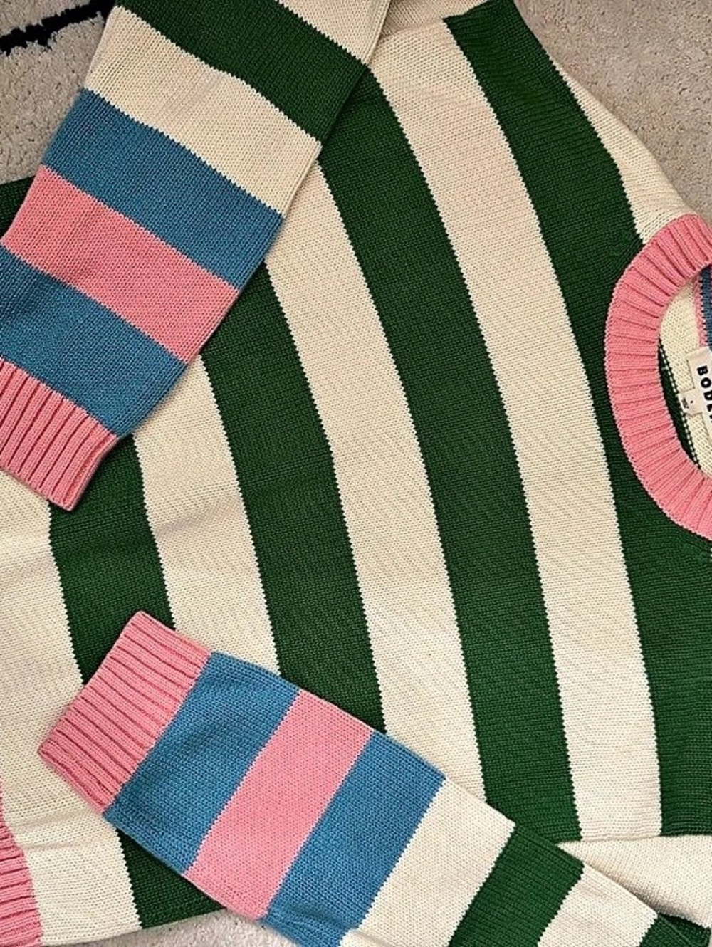 BODEN Lucy Stripe Chunky Crop Cotton Sweater Green & Pink